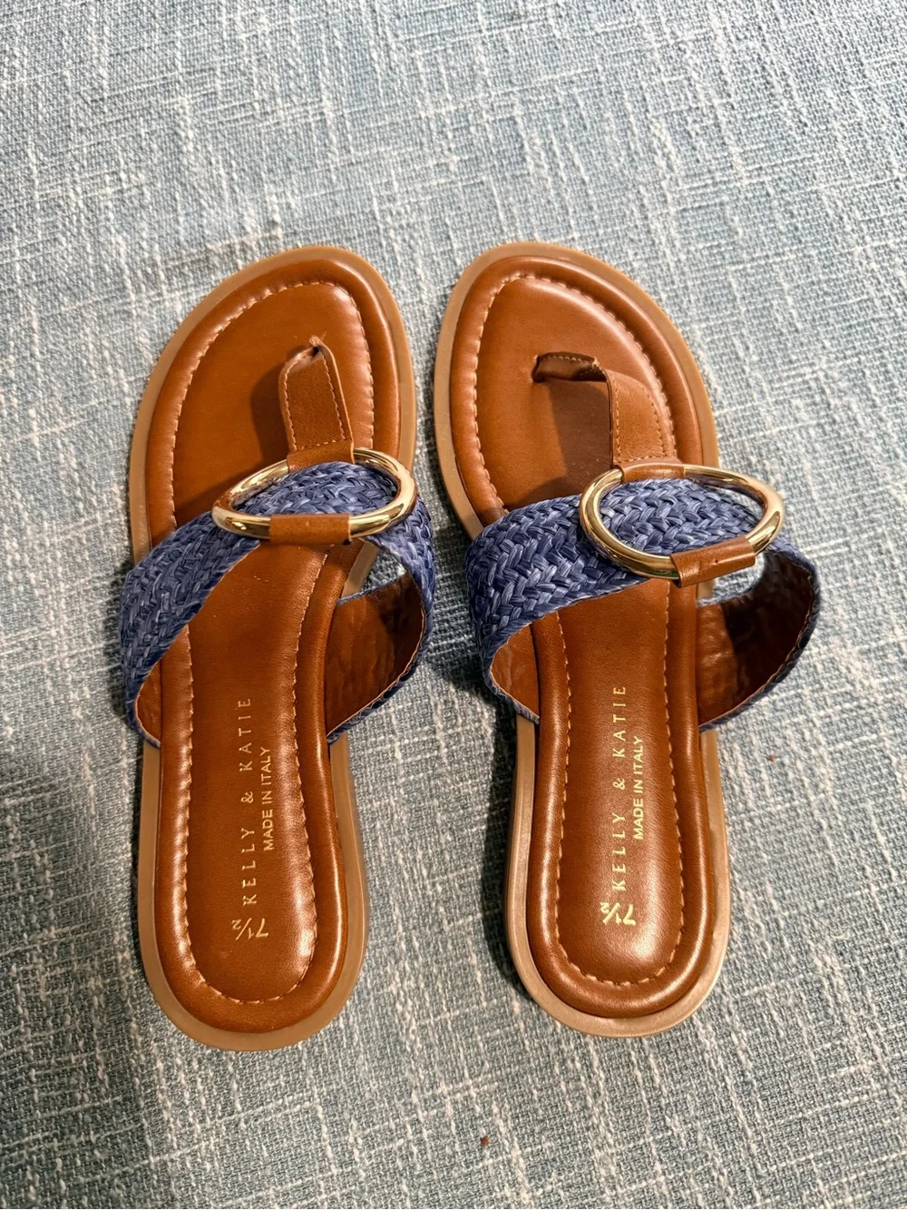 Kelly & Katie Navy Braided Band Brown Leather Toe-Post Slide Sandals